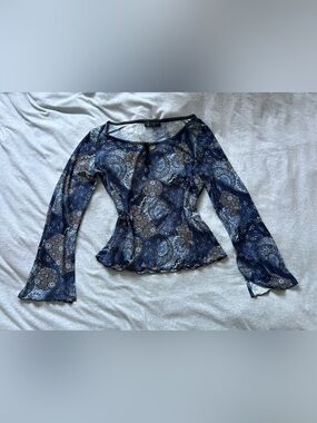 Blue Paisley Sheer Long-Sleeve Peplum Top
